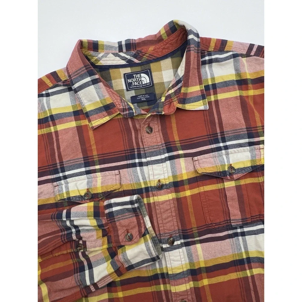 The North‎ Face Shirt Mens XXL Orange/Yellow Plaid Long Sleeve Button Down CB43